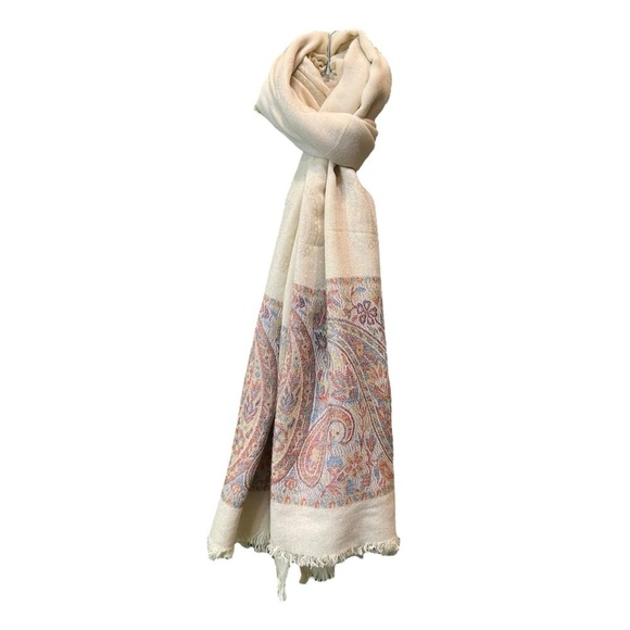 Accessories - Vintage ivory scarf with muted paisley print black and fringed hem